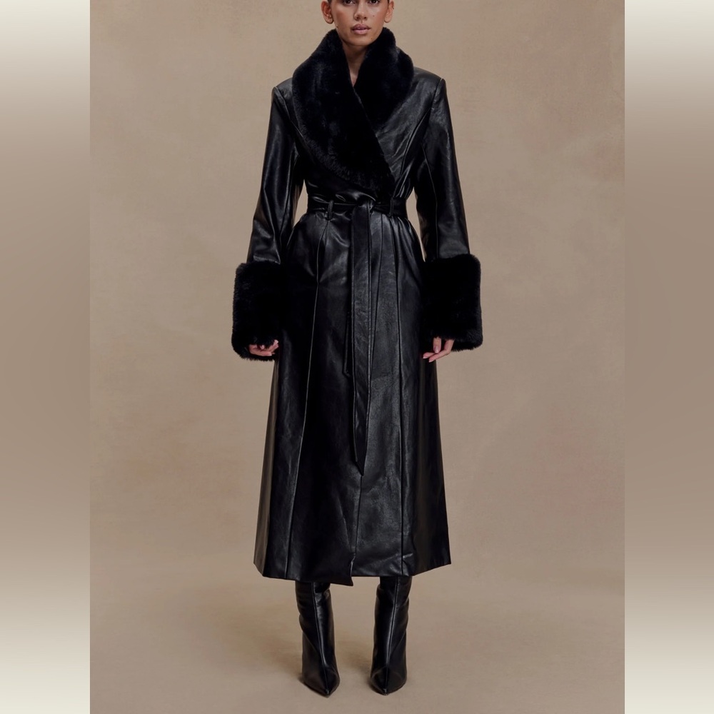 VIRAL MESHKI Bec Faux Leather Trench Coat With Faux Fur - Black SIZE MEDIUM